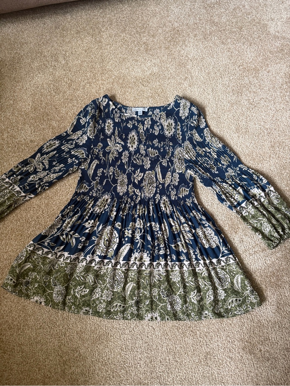Petite Floral & Ivy Small Navy  Floral Boho Dress with Green Border